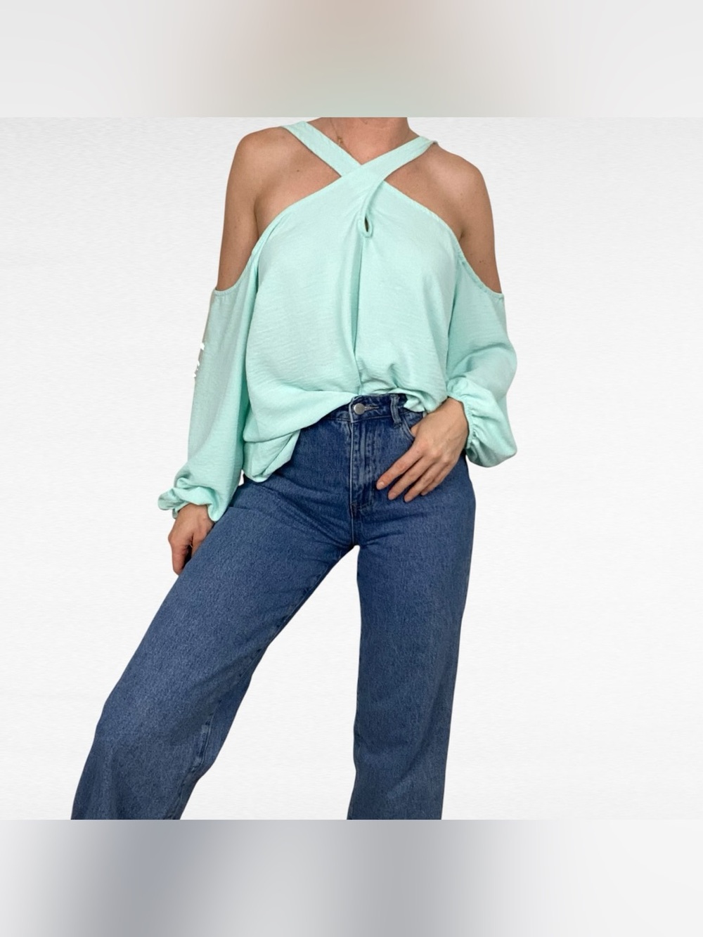 Chicsoul Mint Green Crossover Halter Cold Shoulder Contemporary Flowy Blouse 2X